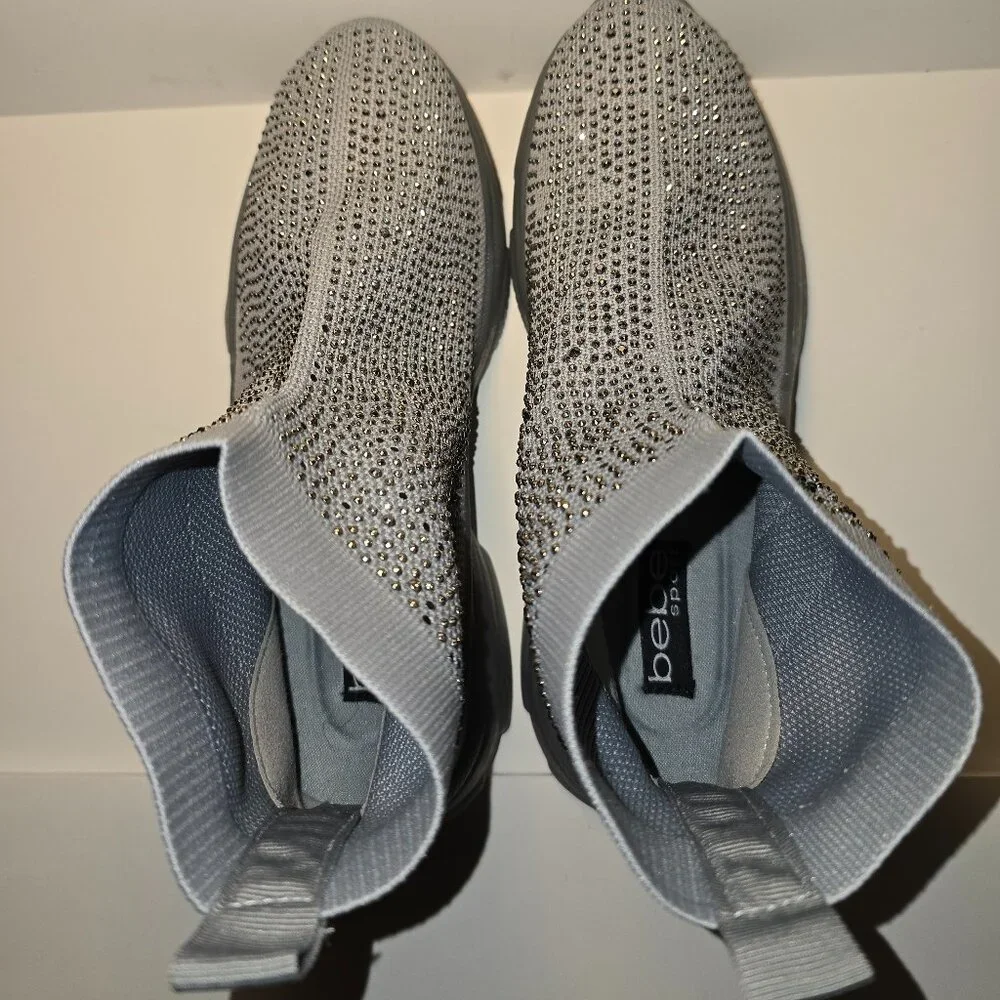 Bebe Rhinestone Sock Boots Womens 9 Gray Sparkly Platform Sneaker Boot Glam